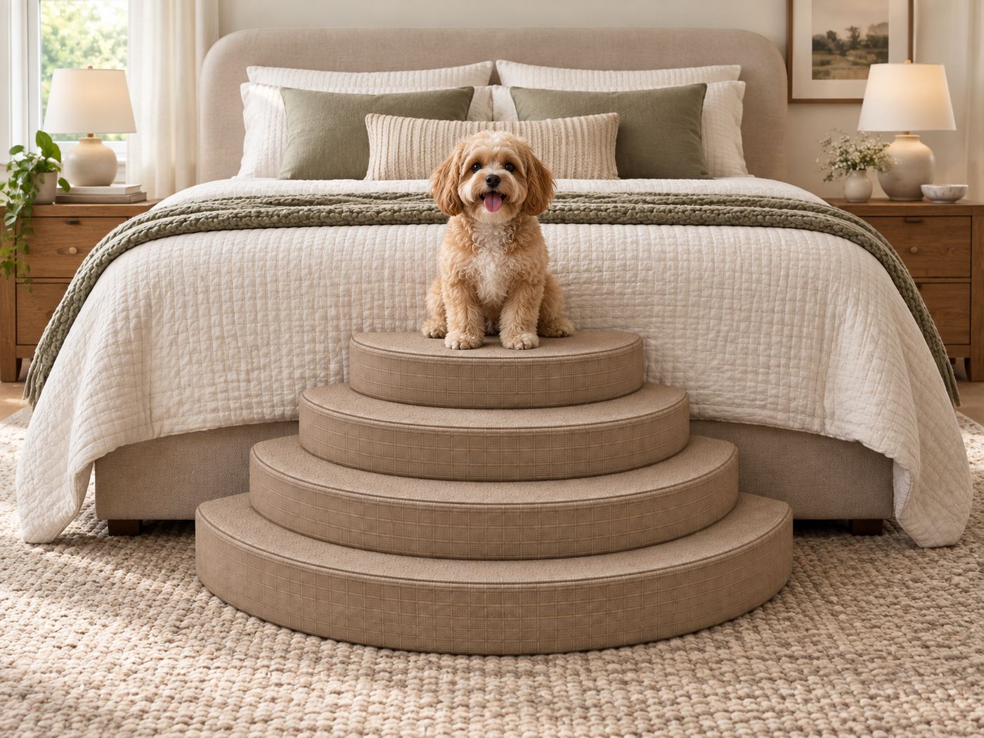 Four-tier half-moon pet stair concept positioned in front of a bed with a small dog