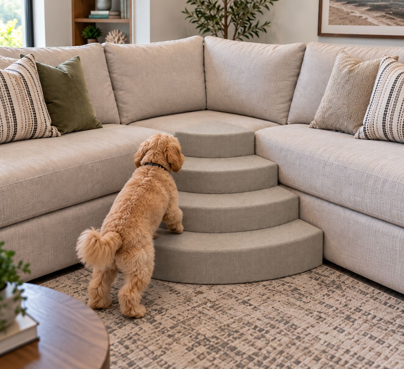 Small dog approaching a four-tier quarter-circle pet stair concept nested into a sectional sofa corner