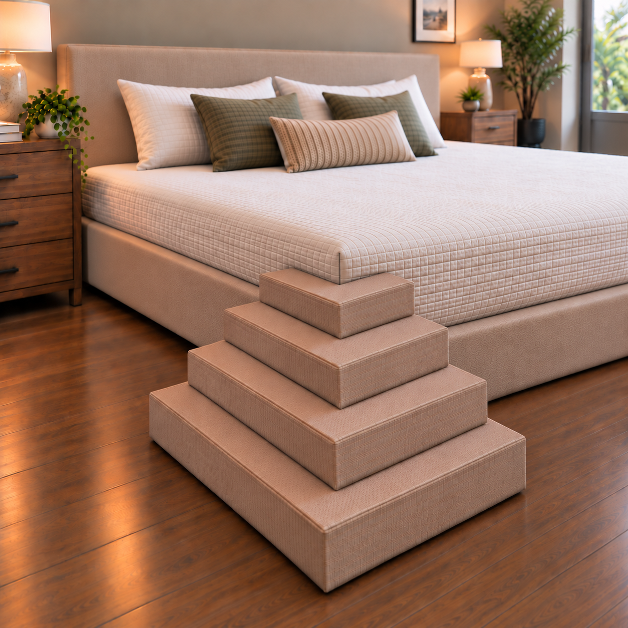 EZ Pet corner-friendly pet stair concept positioned at the corner of a bed